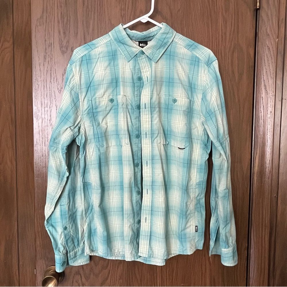 REI Co-op Roll Tab Shirt Green Plaid Hiking Vented Outdoor Nylon Stretch